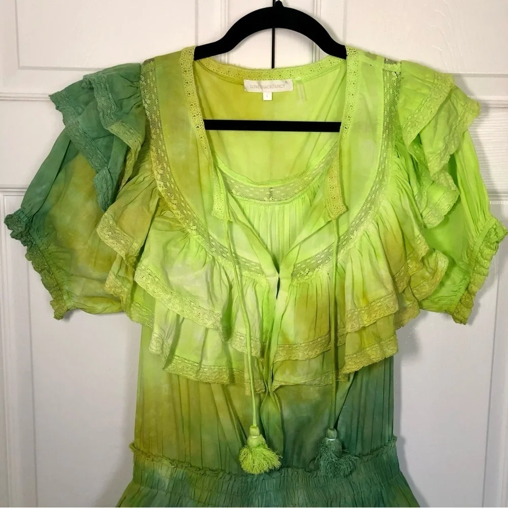 LOVESHACKFANCY LIMITED EDITION Green Gwen Ruffle Mini Dress Size L - Picture 3 of 13